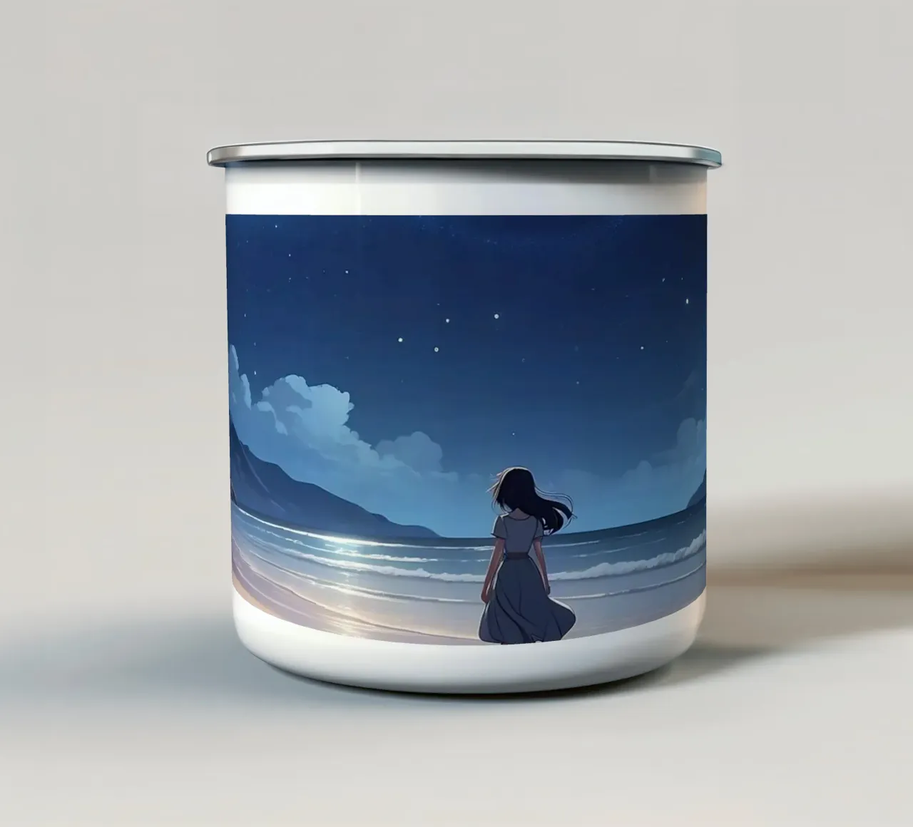 Giovane donna in piedi su una spiaggia serena di notte, guardando tazza in smalto da DesignDoodle