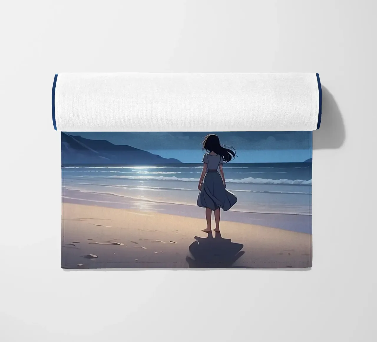 Giovane donna in piedi su una spiaggia serena di notte, guardando telo mare da DesignDoodle