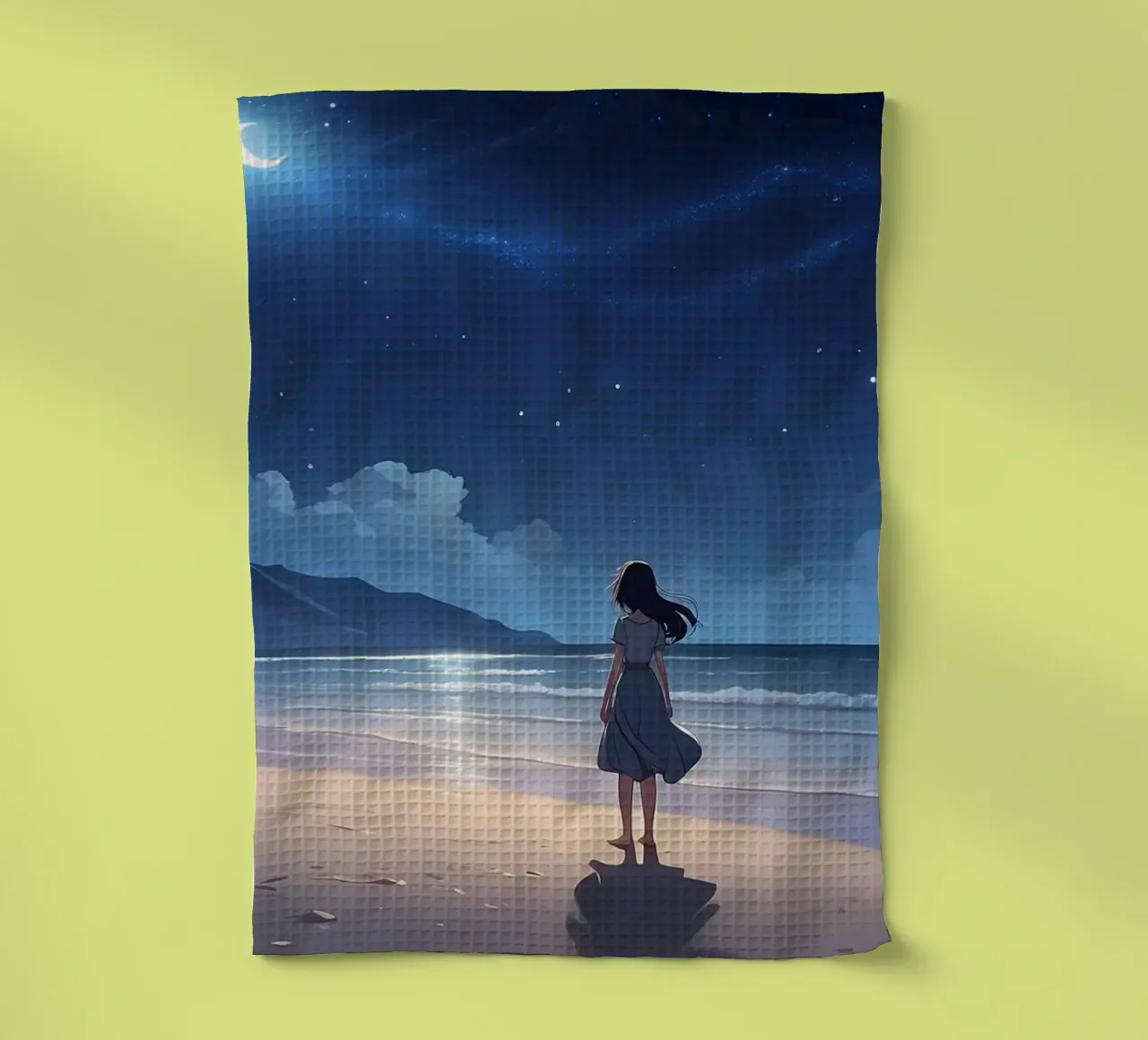 Giovane donna in piedi su una spiaggia serena di notte, guardando canovaccio da cucina da DesignDoodle