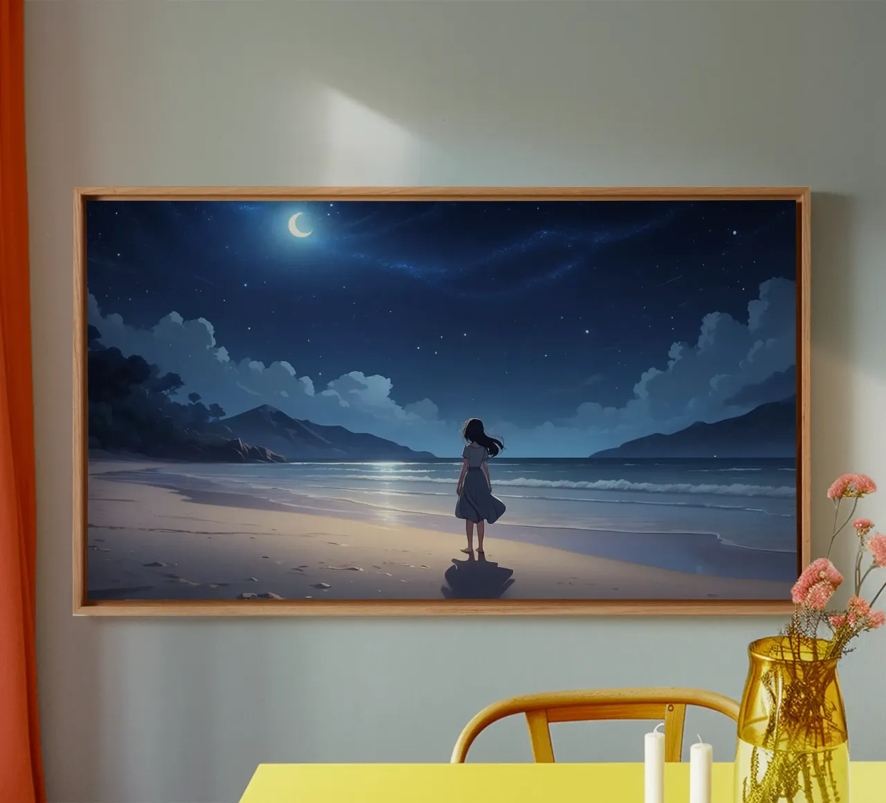 Giovane donna in piedi su una spiaggia serena di notte, guardando tela con Cornice a cassetta da DesignDoodle