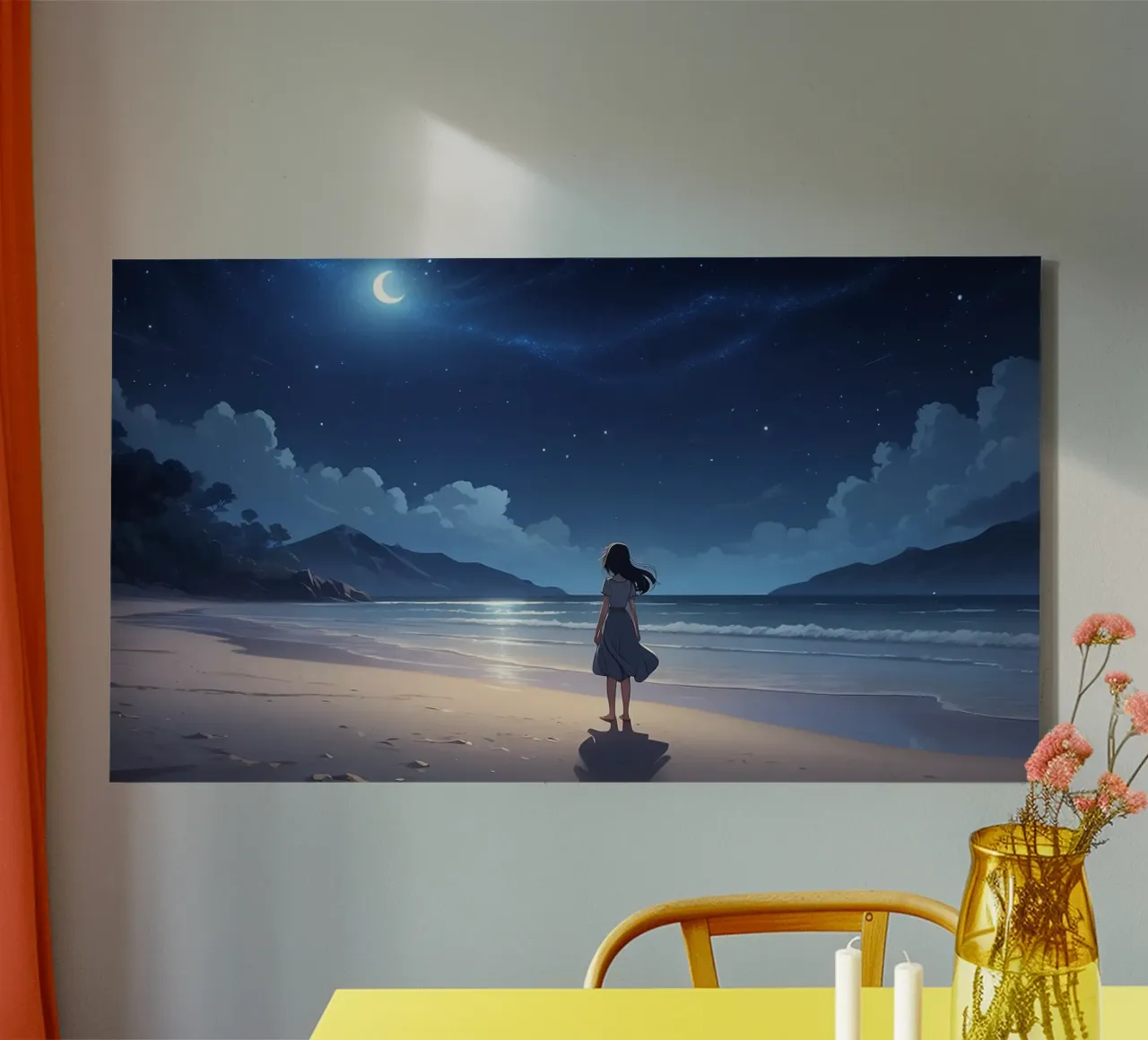 Giovane donna in piedi su una spiaggia serena di notte, guardando tela con Cornice a cassetta da DesignDoodle