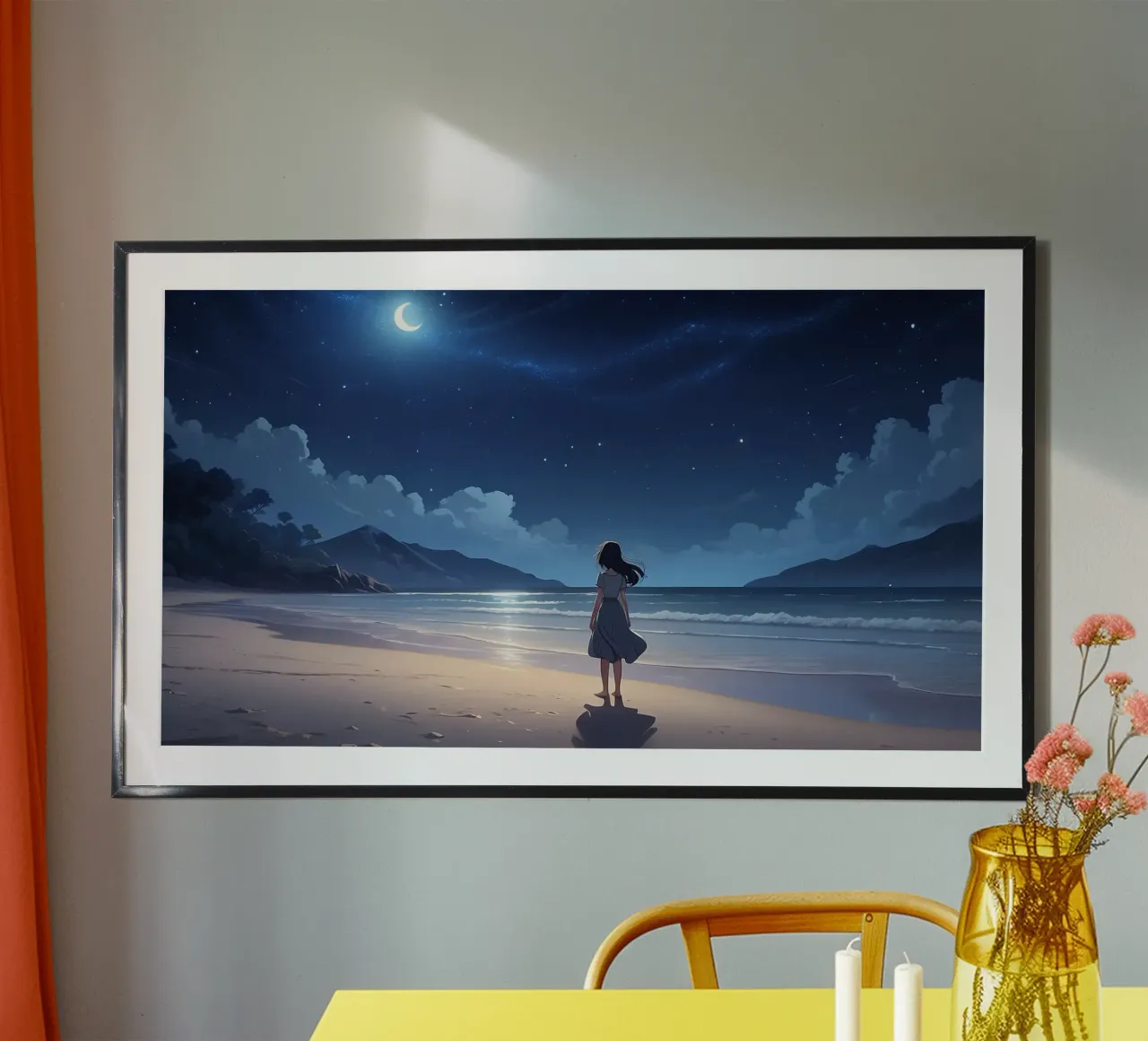 Giovane donna in piedi su una spiaggia serena di notte, guardando poster con telaio in legno da DesignDoodle