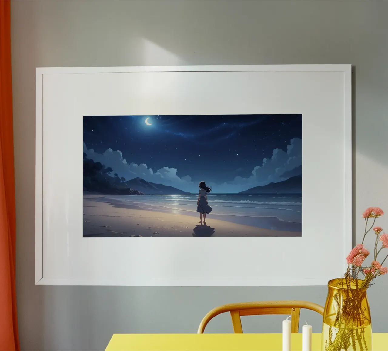 Giovane donna in piedi su una spiaggia serena di notte, guardando poster con telaio in legno da DesignDoodle