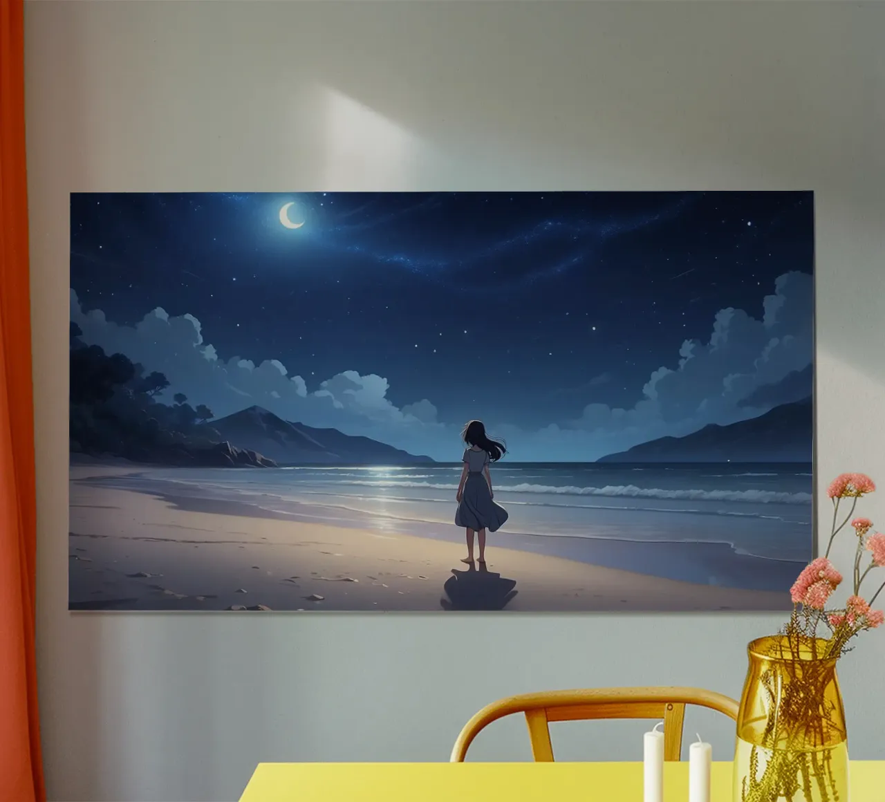 Giovane donna in piedi su una spiaggia serena di notte, guardando poster con telaio in legno da DesignDoodle