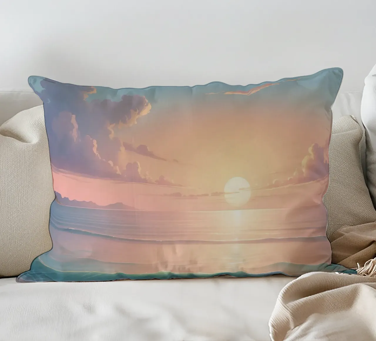 Schöner Sonnenuntergang über ruhigem Meer mit sanften Wellen Kissen von DesignDoodle