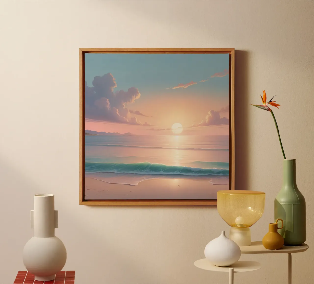 Beautiful sunset over calm ocean waters with gentle waves canvas with Floater frame by DesignDoodle