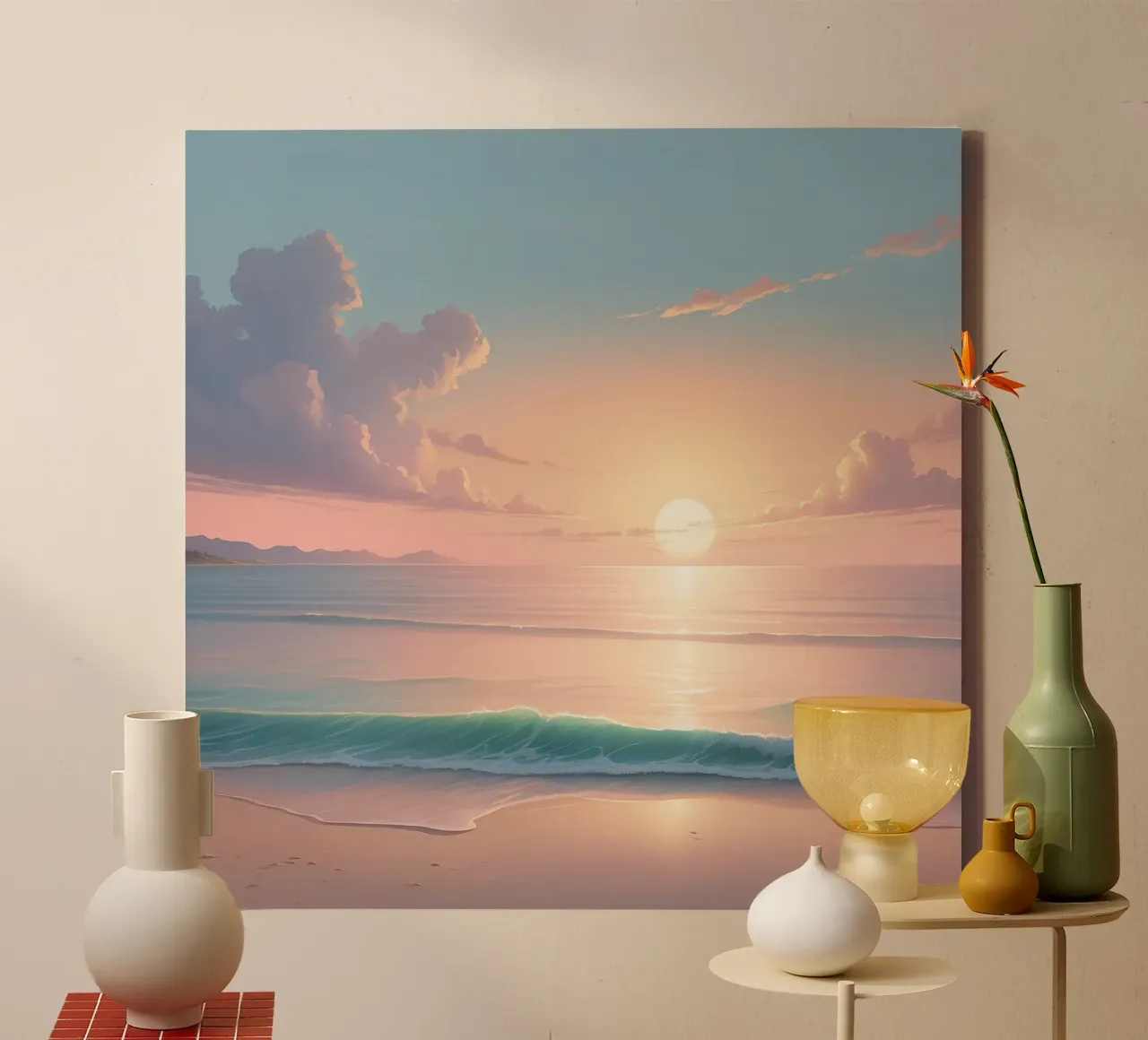 Beautiful sunset over calm ocean waters with gentle waves canvas with Floater frame by DesignDoodle