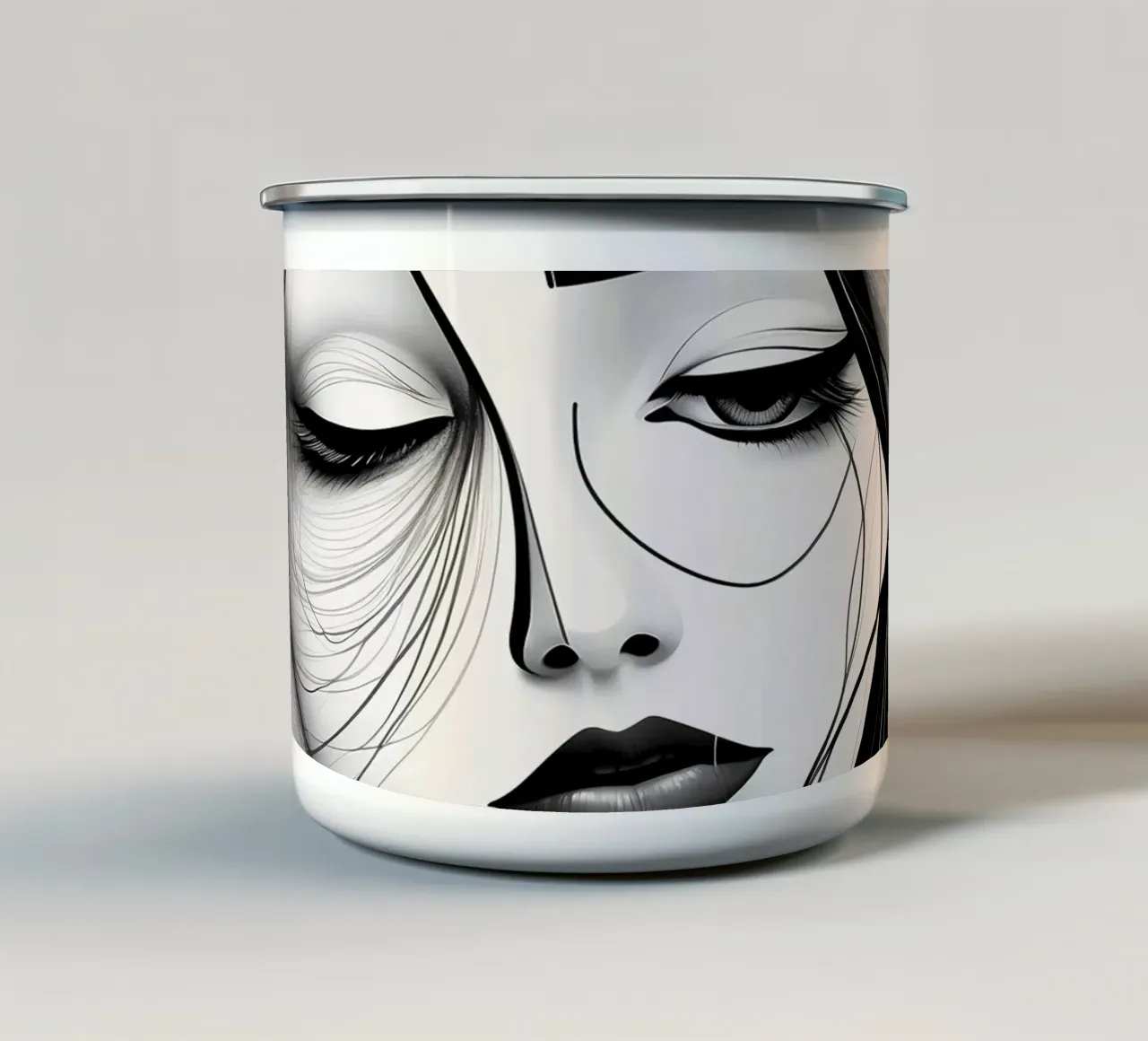 Arte artistica in bianco e nero con il volto triste di una donna tazza in smalto da DesignDoodle