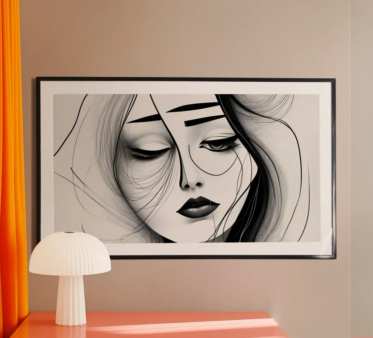 Arte artistica in bianco e nero con il volto triste di una donna poster con telaio in plastica da DesignDoodle