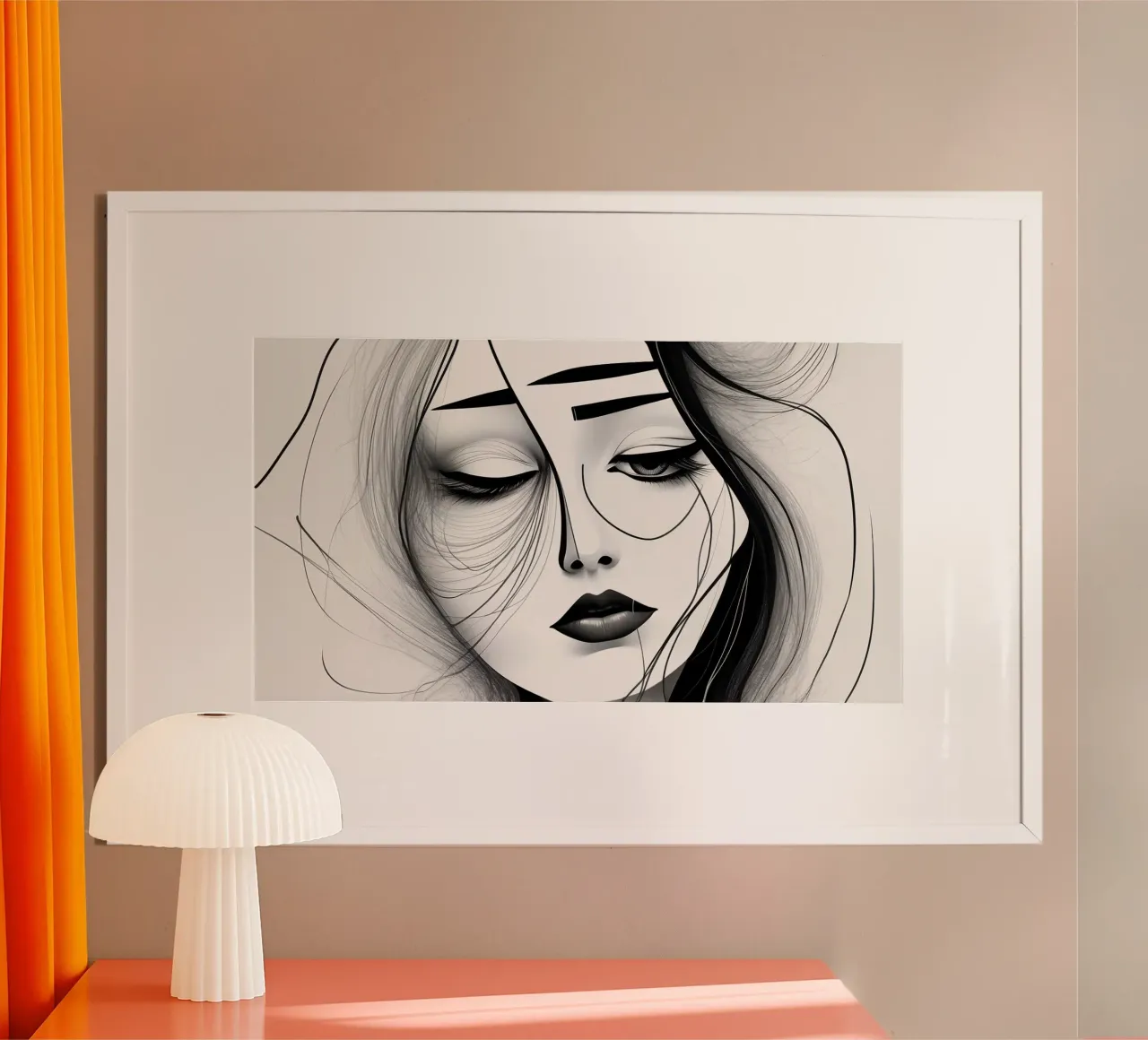 Arte artistica in bianco e nero con il volto triste di una donna poster con telaio in plastica da DesignDoodle
