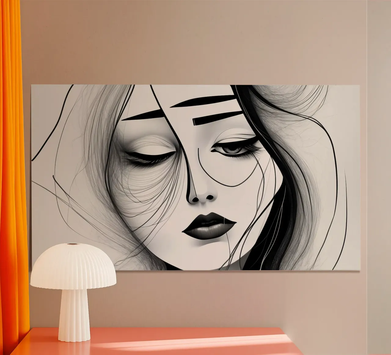 Arte artistica in bianco e nero con il volto triste di una donna poster con telaio in plastica da DesignDoodle