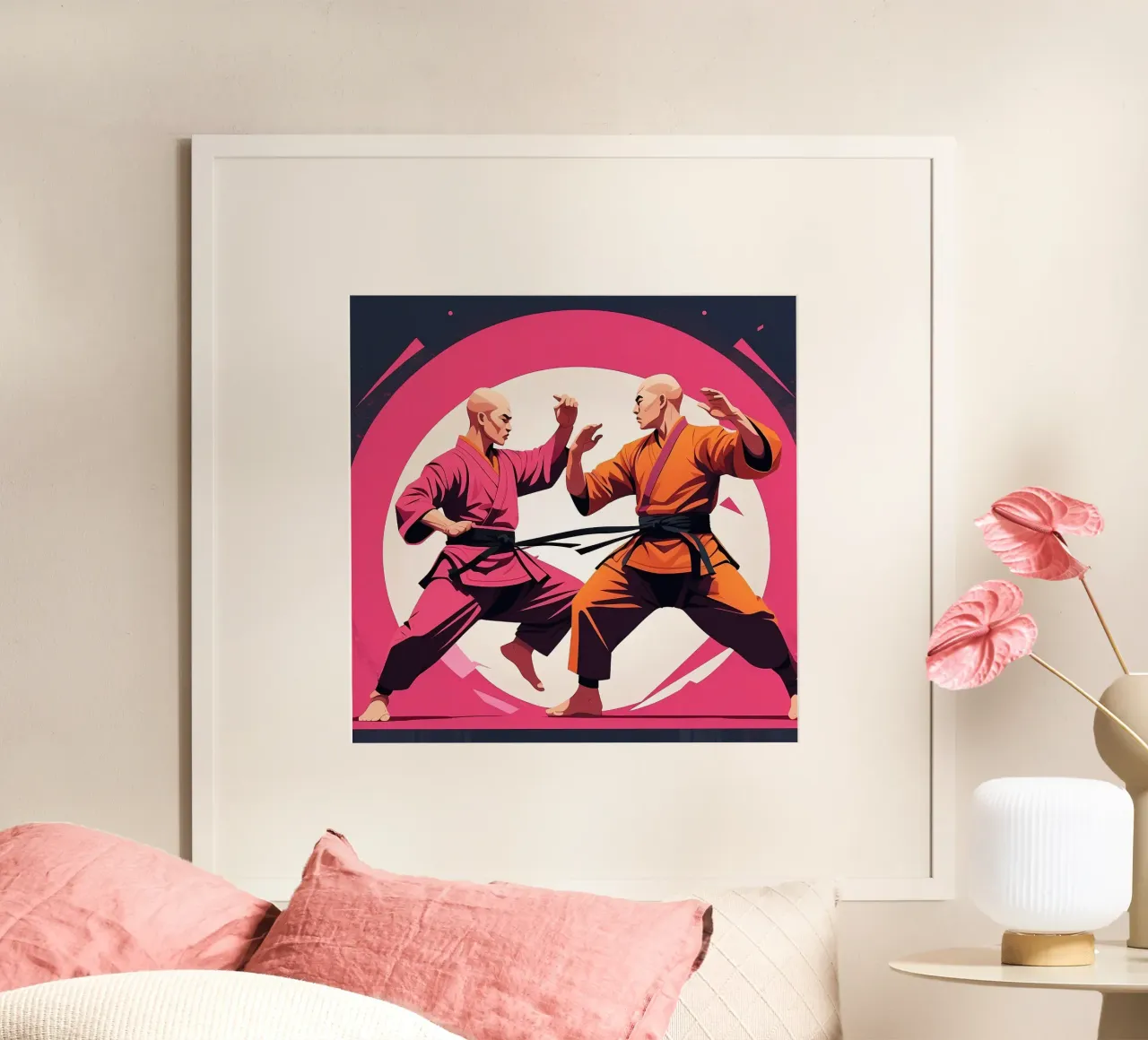 Due artisti marziali si sfidano in un duello poster con telaio in legno da DesignDoodle