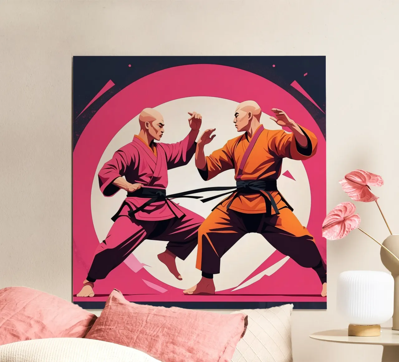 Due artisti marziali si sfidano in un duello poster con telaio in legno da DesignDoodle