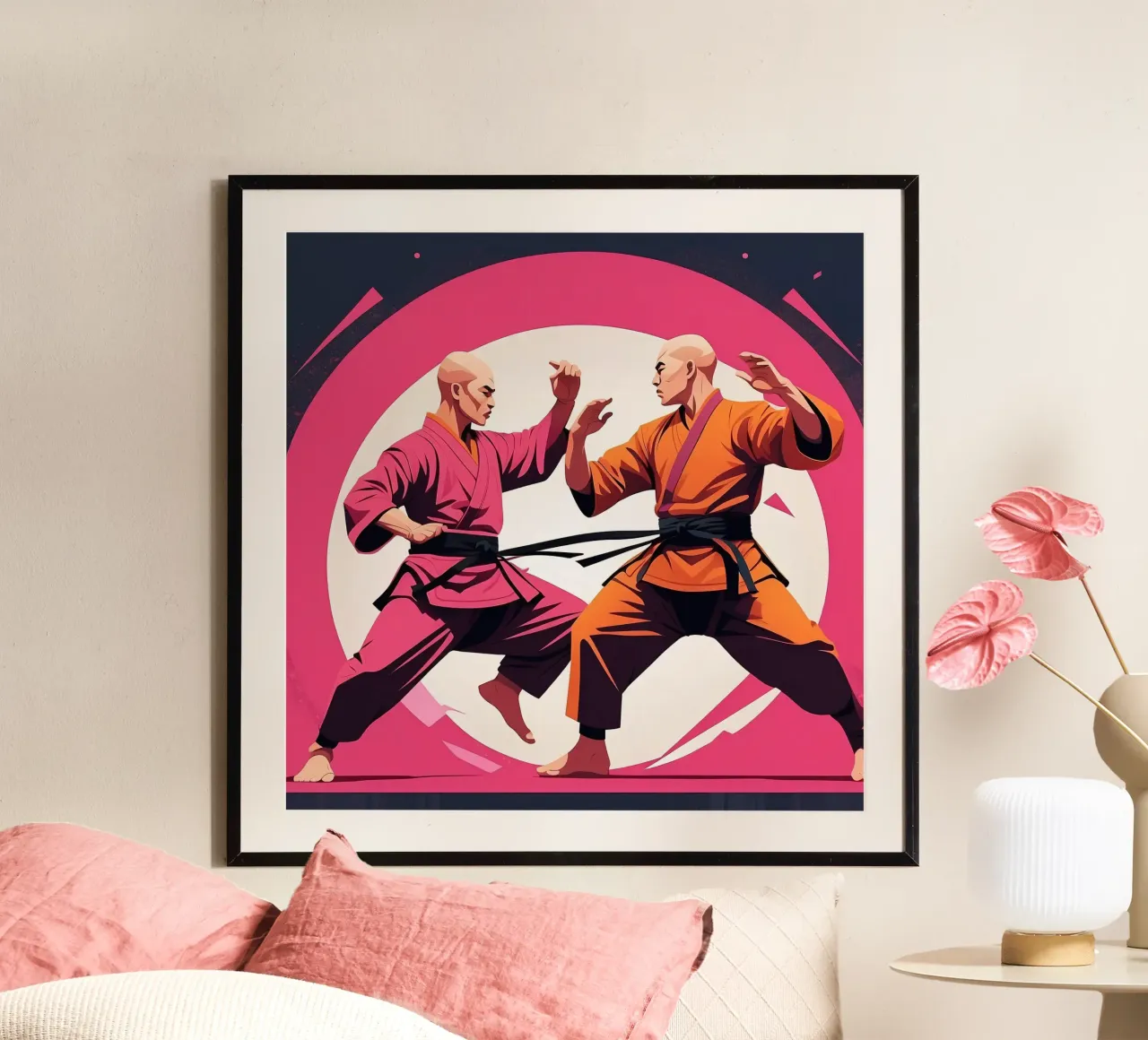 Due artisti marziali si sfidano in un duello poster con telaio in legno da DesignDoodle