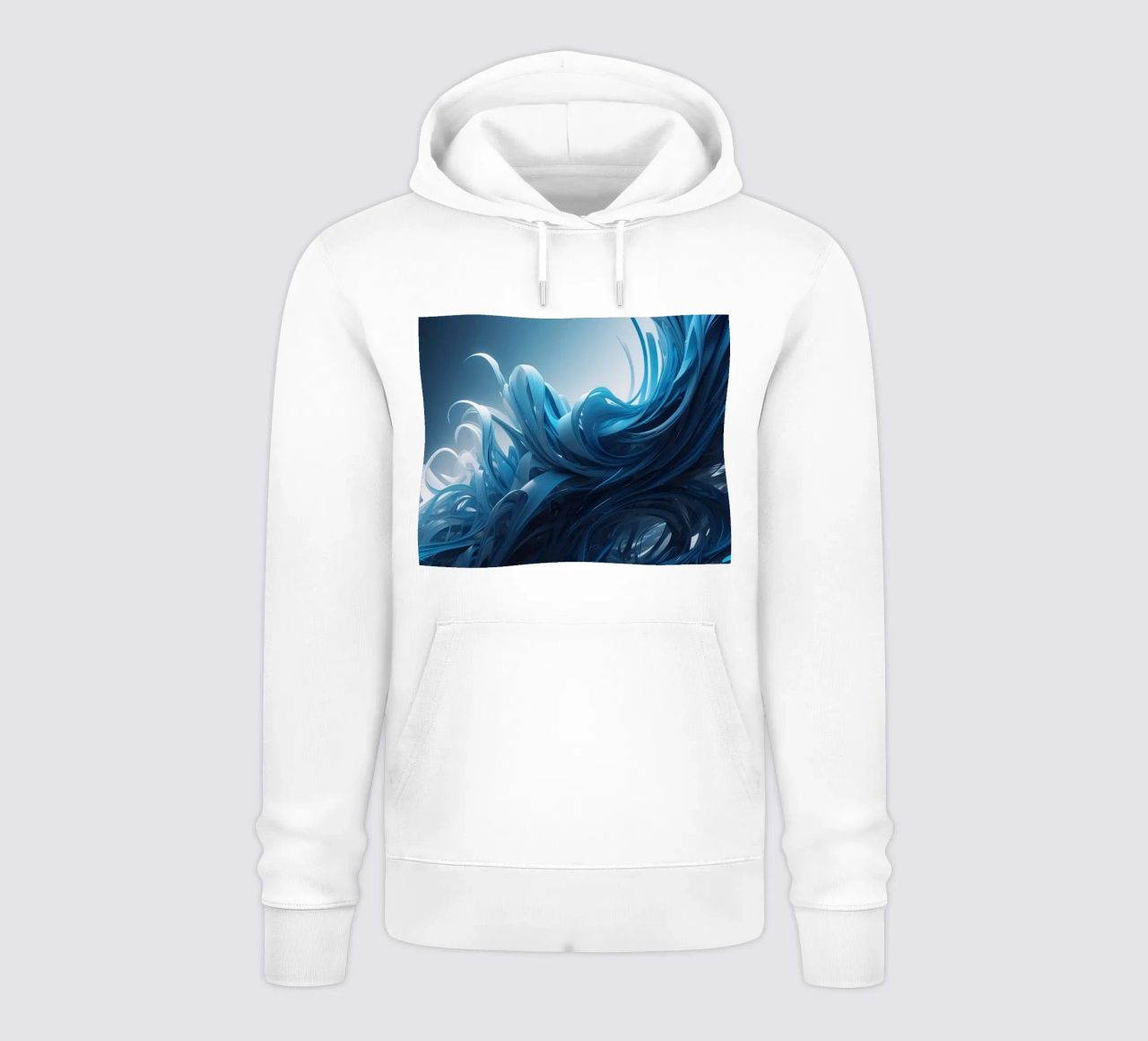 Flowing blues create an abstract wave effect in dynamic art hoodie by DesignDoodle