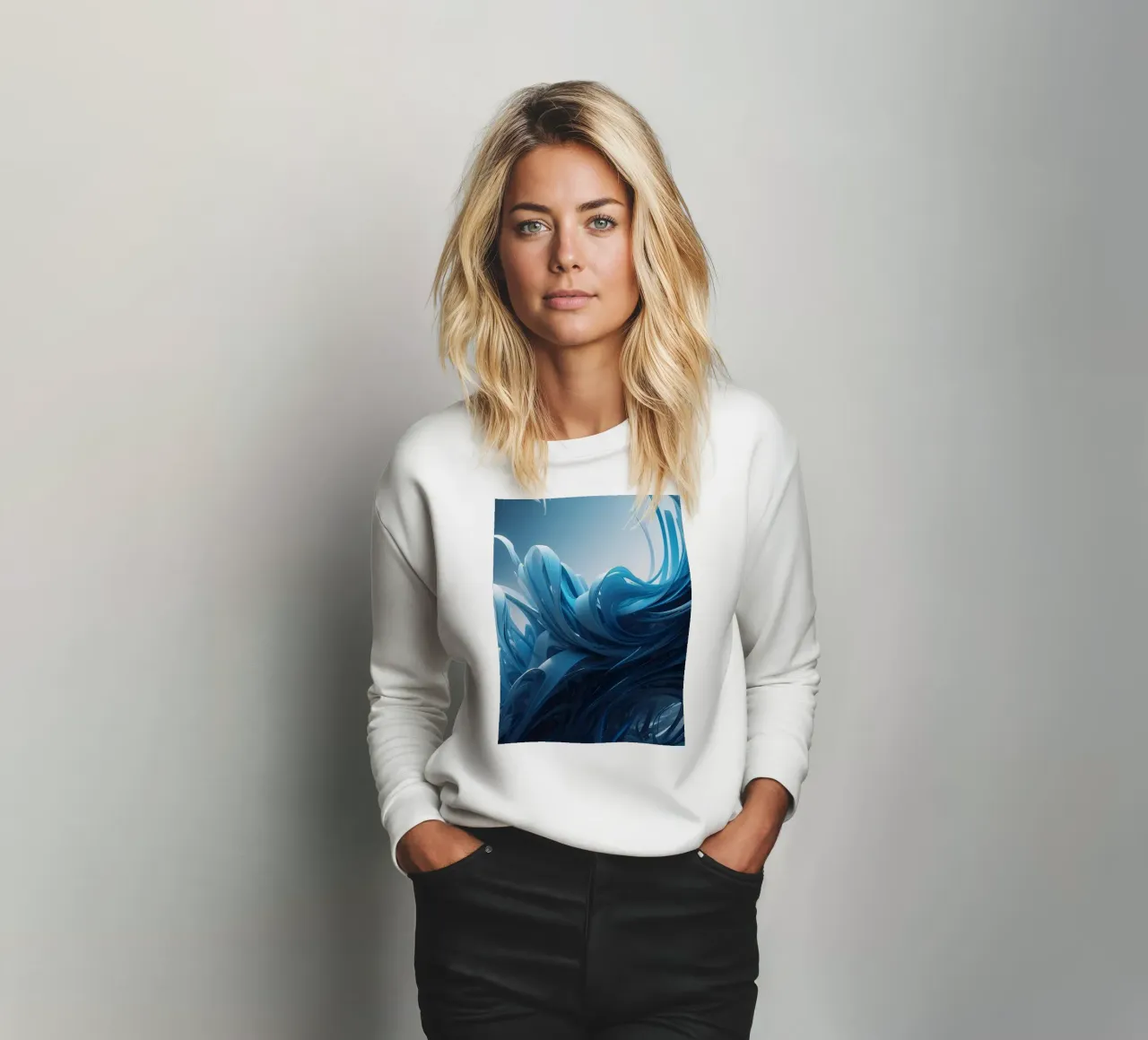 Flowing blues create an abstract wave effect in dynamic art sweatshirt by DesignDoodle