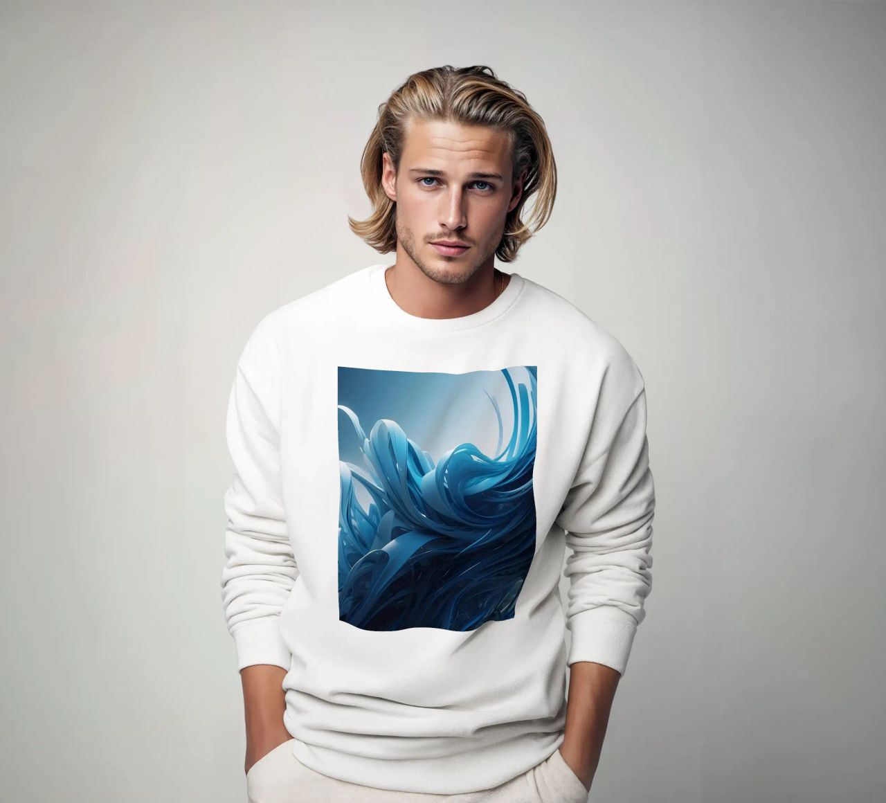 Flowing blues create an abstract wave effect in dynamic art sweatshirt by DesignDoodle
