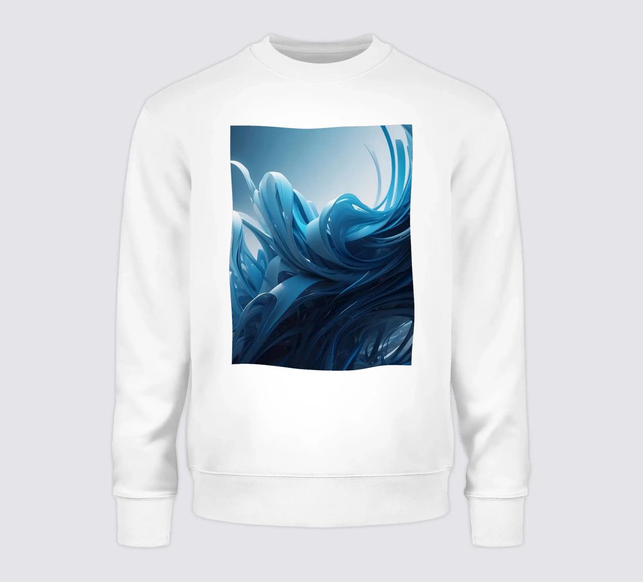 Flowing blues create an abstract wave effect in dynamic art sweatshirt by DesignDoodle