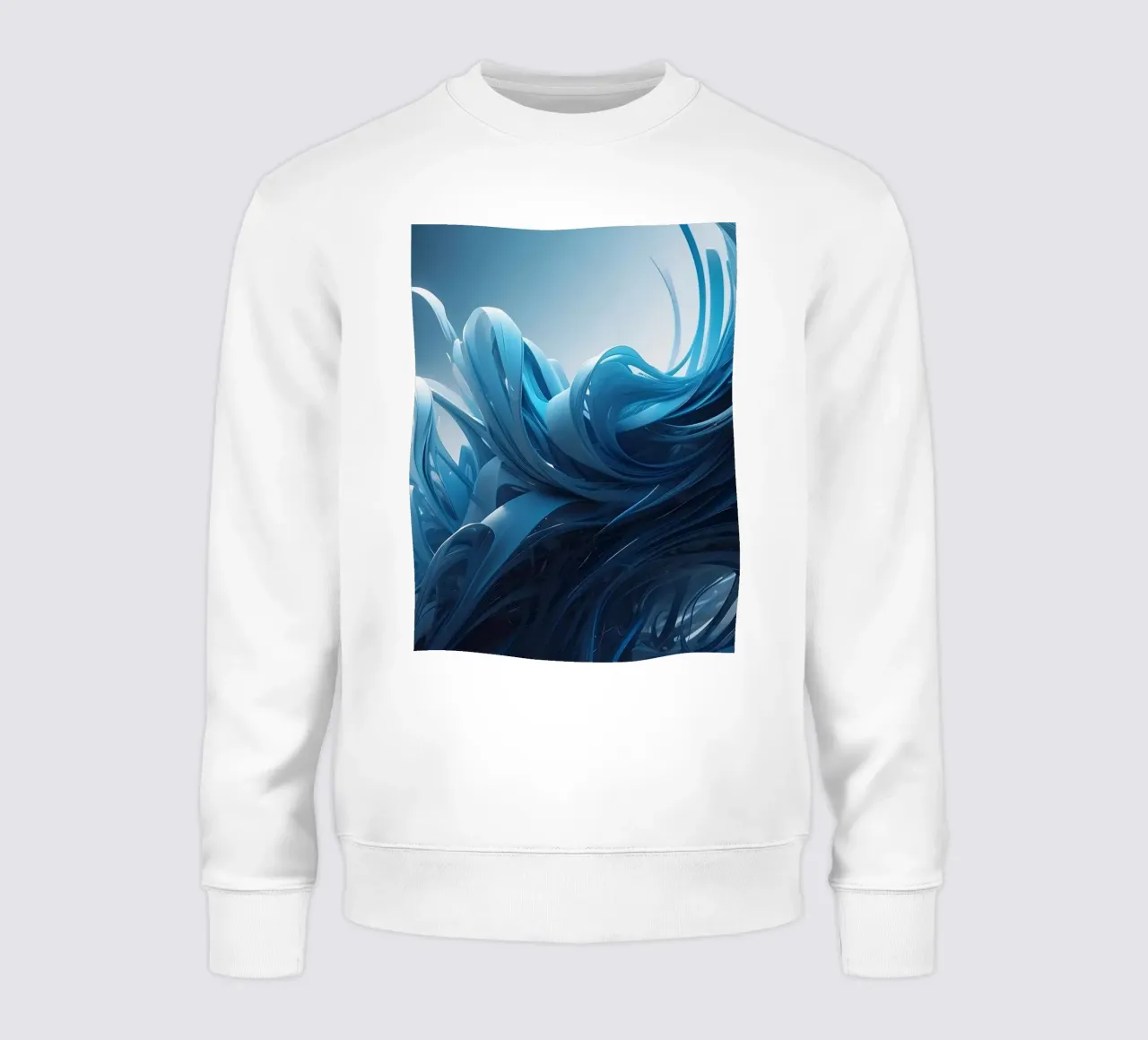 Flowing blues create an abstract wave effect in dynamic art sweatshirt by DesignDoodle