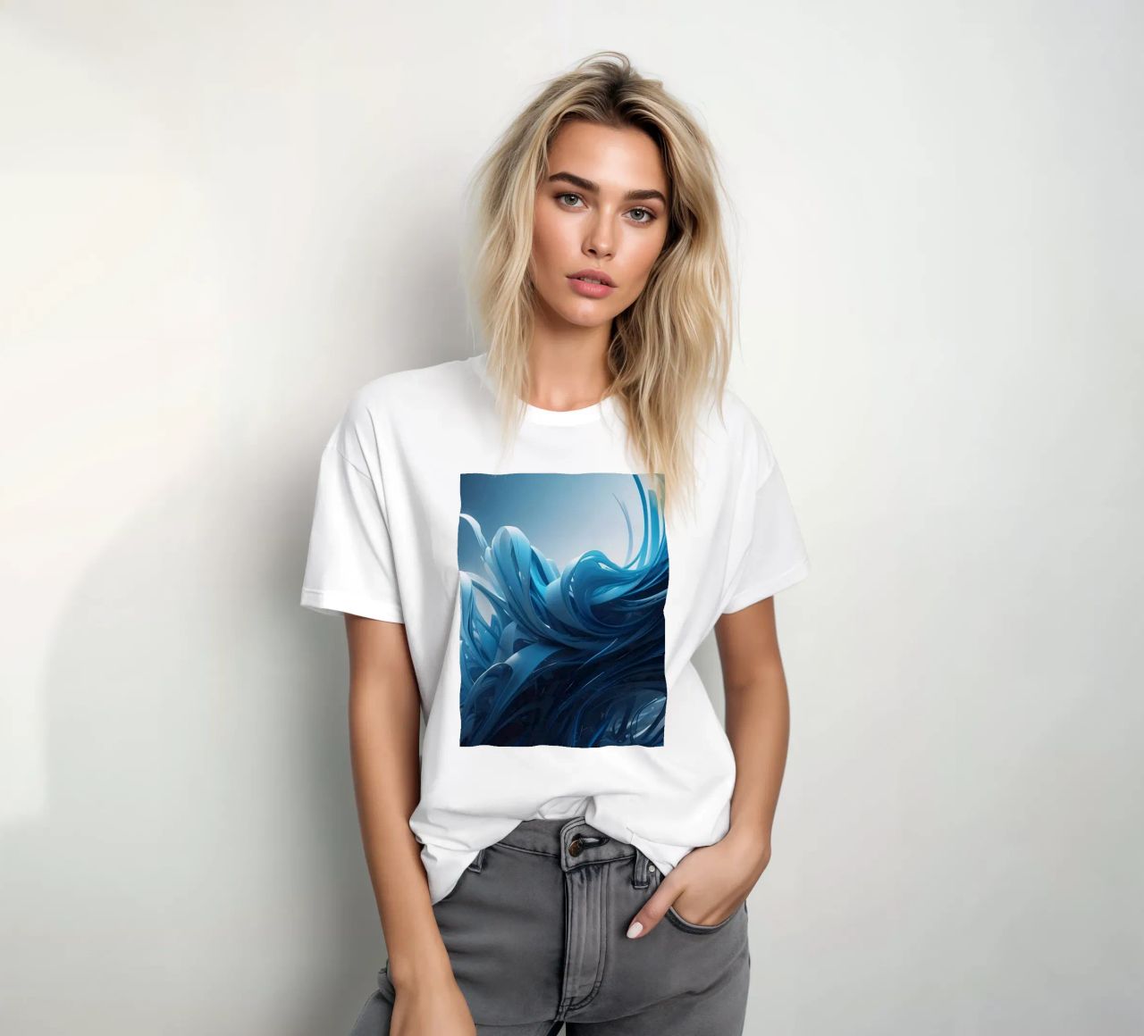 Flowing blues create an abstract wave effect in dynamic art t-shirt by DesignDoodle