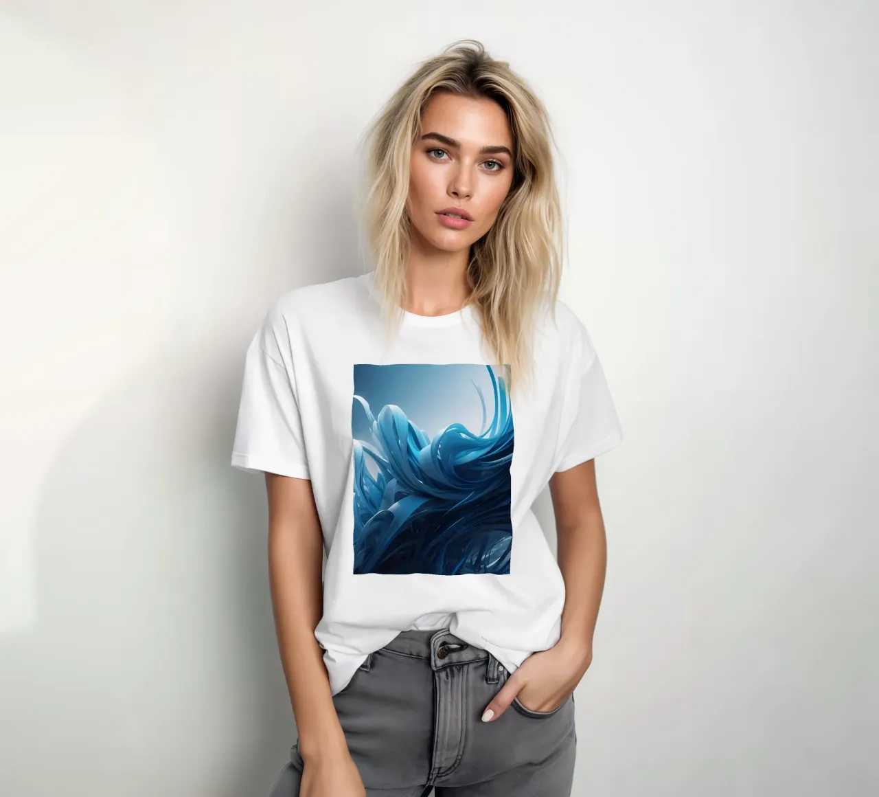 Flowing blues create an abstract wave effect in dynamic art t-shirt by DesignDoodle