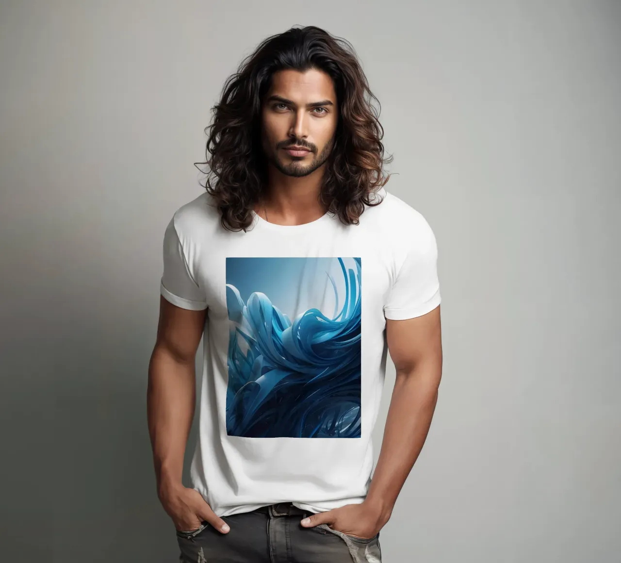 Flowing blues create an abstract wave effect in dynamic art t-shirt by DesignDoodle
