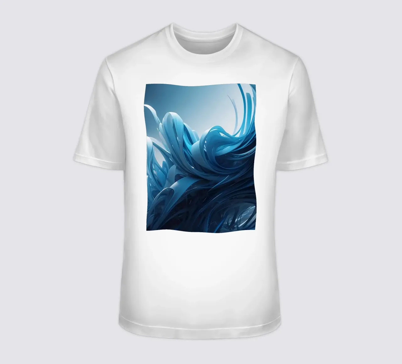Flowing blues create an abstract wave effect in dynamic art t-shirt by DesignDoodle