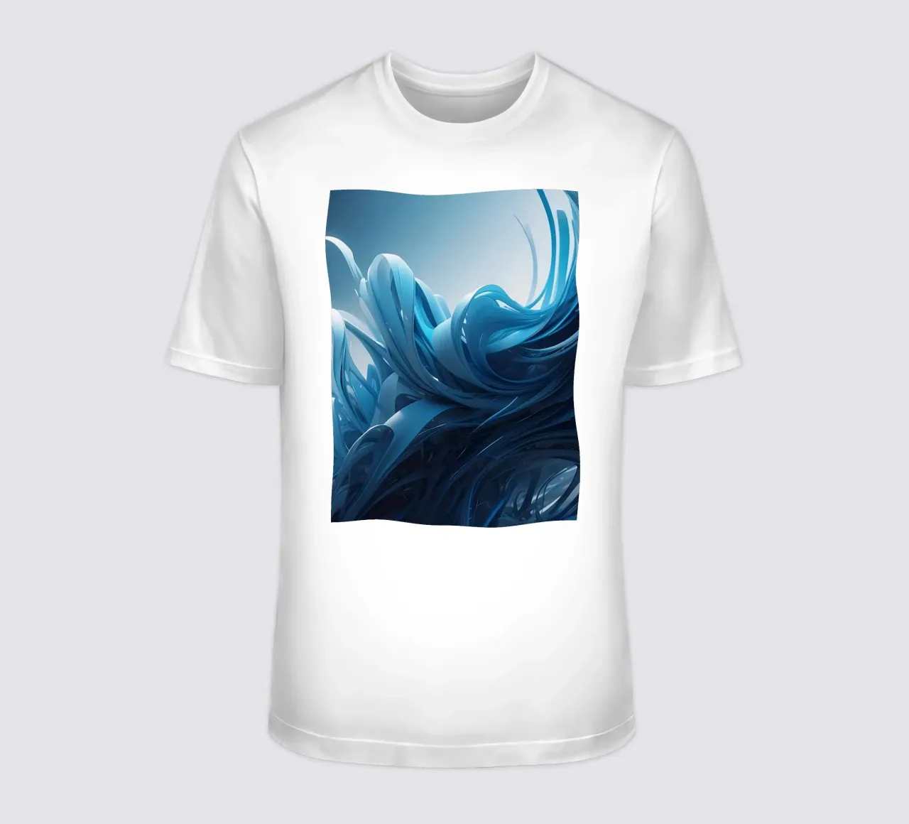 Flowing blues create an abstract wave effect in dynamic art t-shirt by DesignDoodle