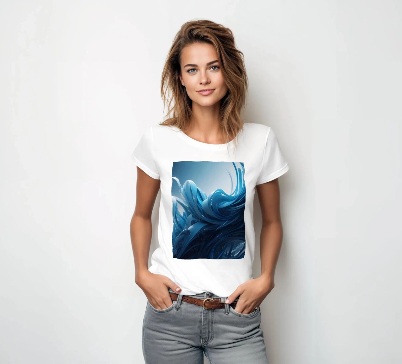 Flowing blues create an abstract wave effect in dynamic art women's fitted t-shirt by DesignDoodle