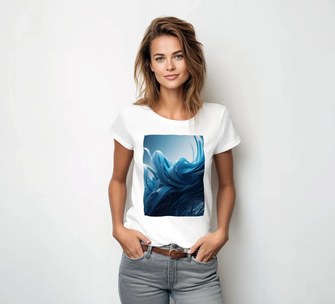 Les bleus fluides créent un effet de vague abstrait dans l'art dynamique t-shirt ajusté pour femmes de DesignDoodle