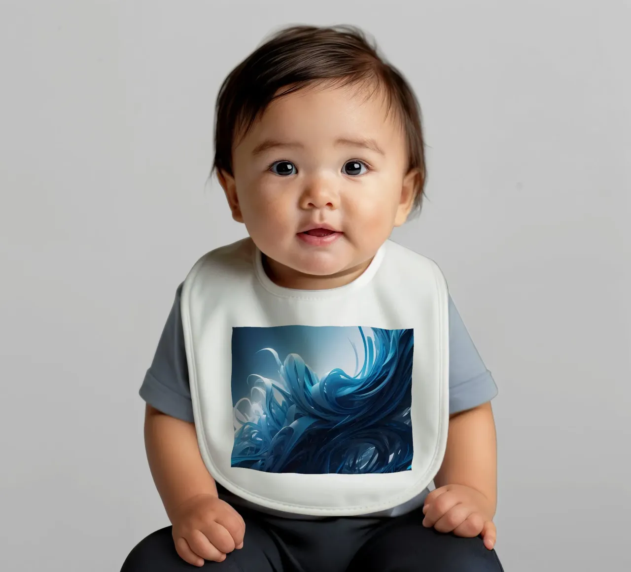 Flowing blues create an abstract wave effect in dynamic art baby bib by DesignDoodle