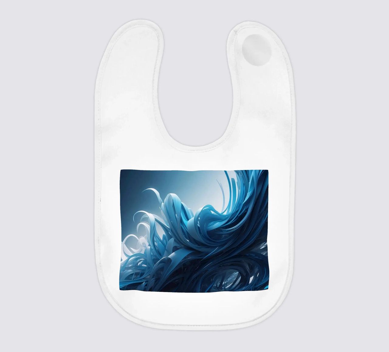 Flowing blues create an abstract wave effect in dynamic art baby bib by DesignDoodle