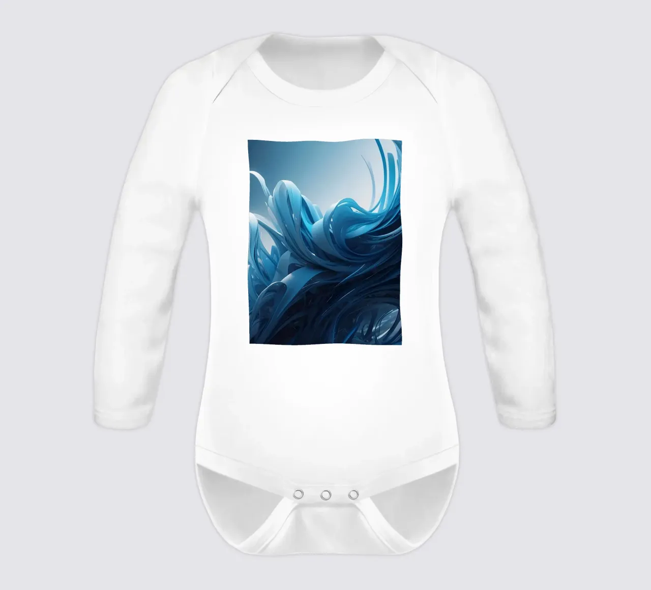 Flowing blues create an abstract wave effect in dynamic art long-sleeve baby romper by DesignDoodle