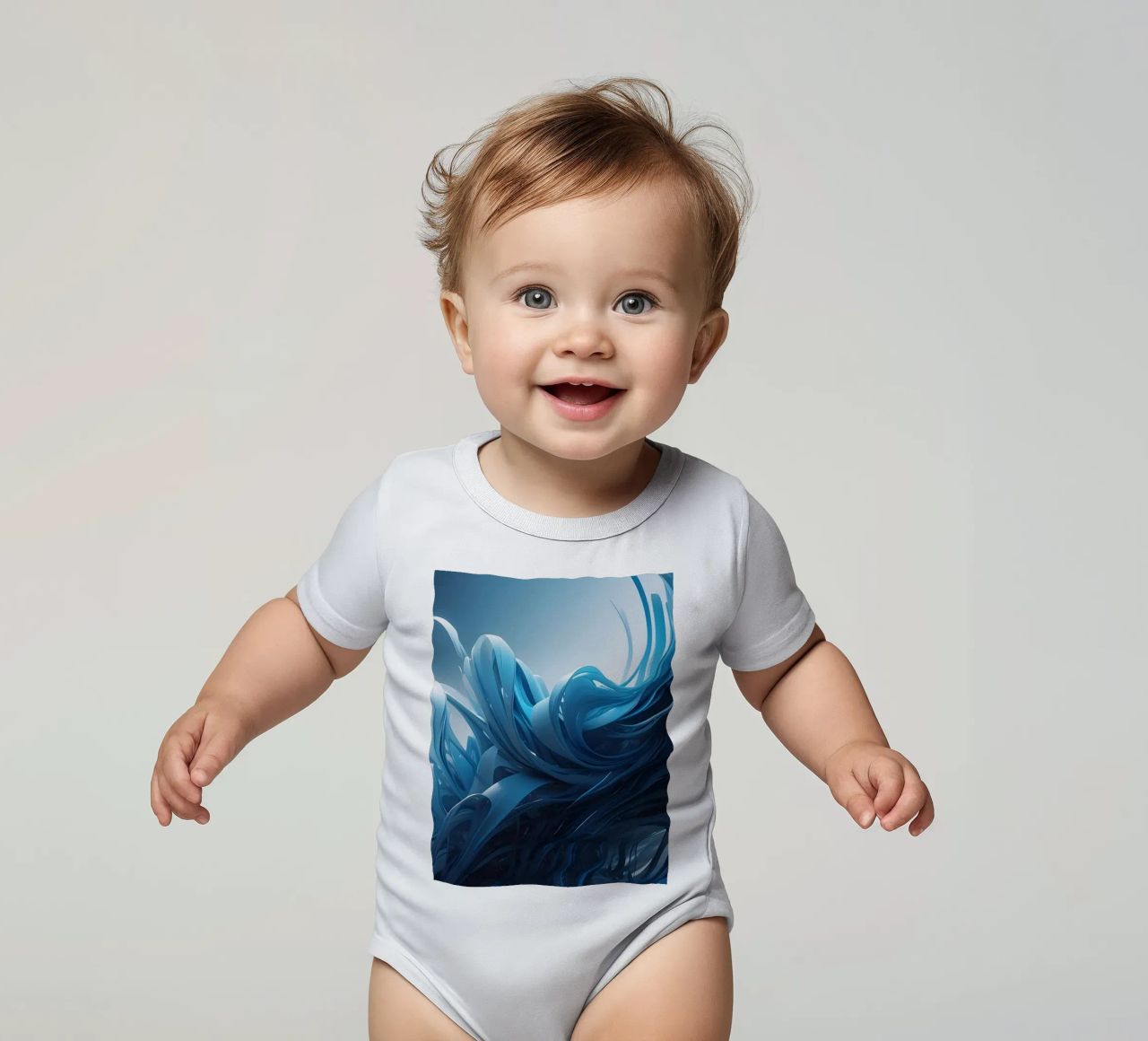 Flowing blues create an abstract wave effect in dynamic art short-sleeve baby romper by DesignDoodle