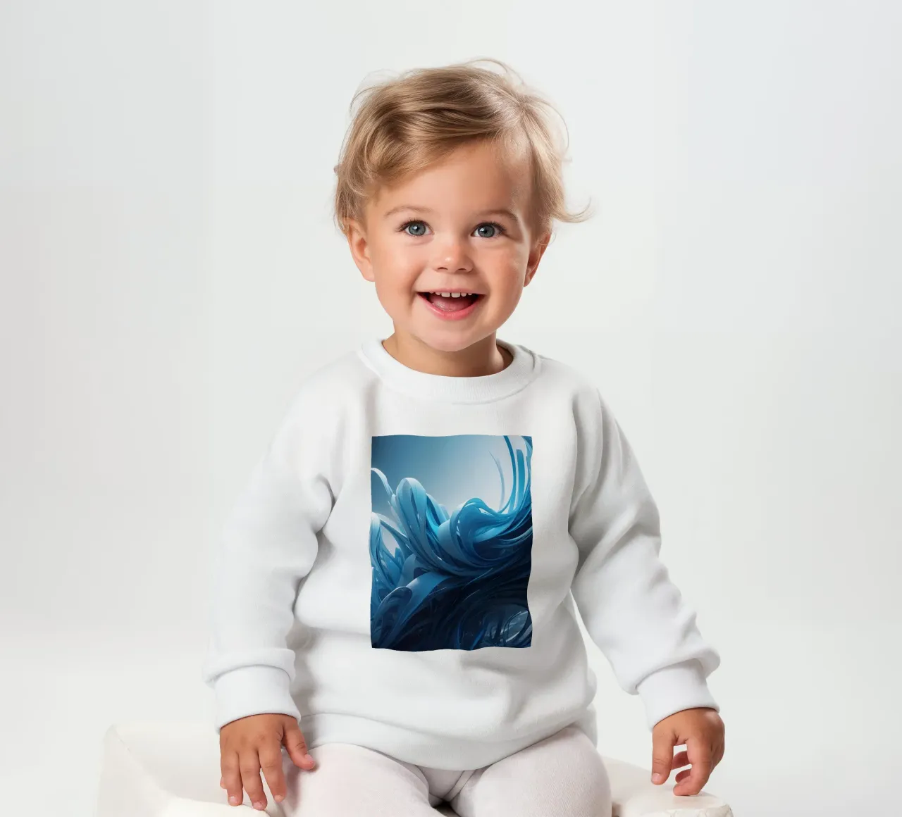 Flowing blues create an abstract wave effect in dynamic art baby sweatshirt by DesignDoodle
