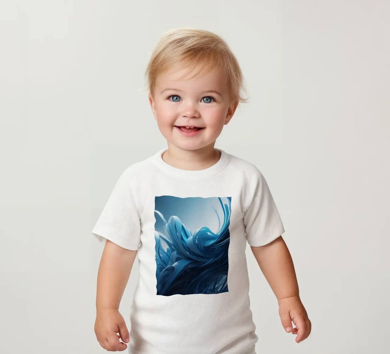 Flowing blues create an abstract wave effect in dynamic art baby t-shirt by DesignDoodle