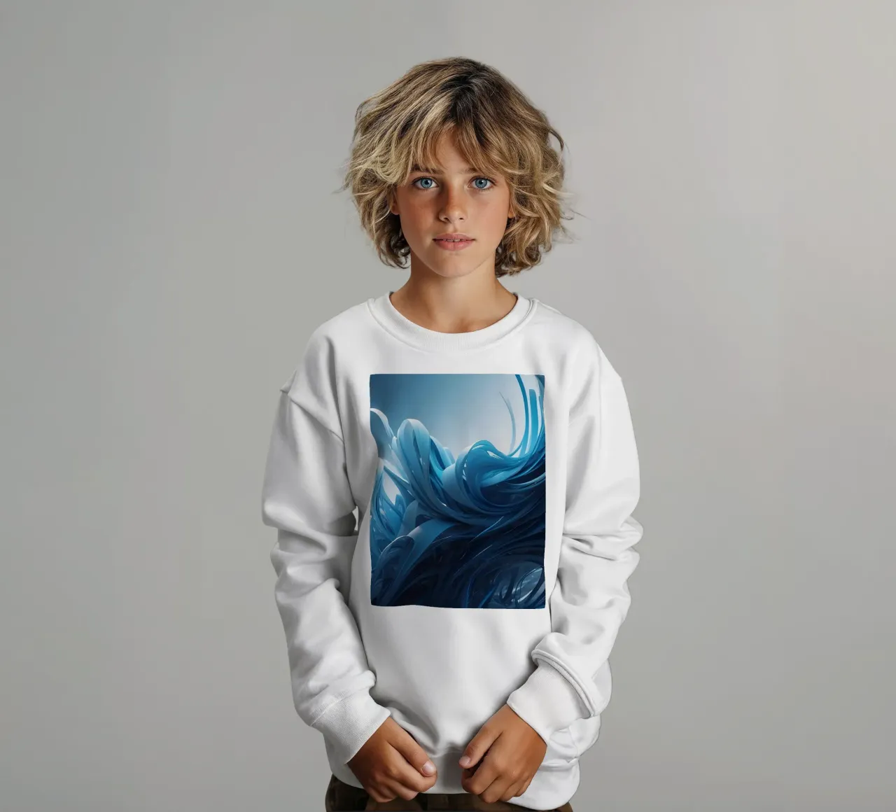 Flowing blues create an abstract wave effect in dynamic art kids sweatshirt by DesignDoodle