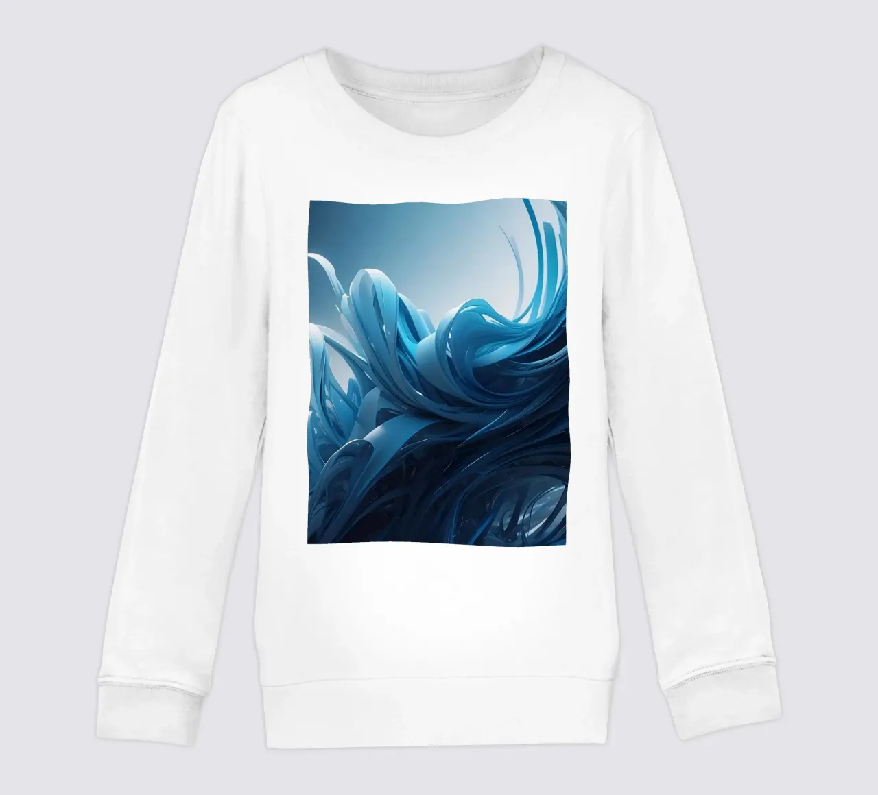 Flowing blues create an abstract wave effect in dynamic art kids sweatshirt by DesignDoodle