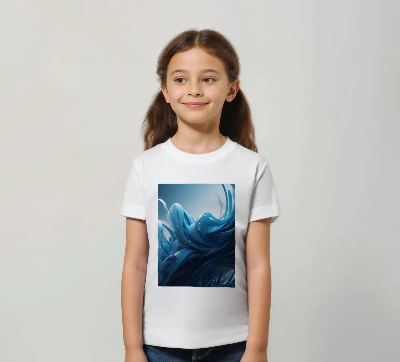 Flowing blues create an abstract wave effect in dynamic art kids t-shirt by DesignDoodle