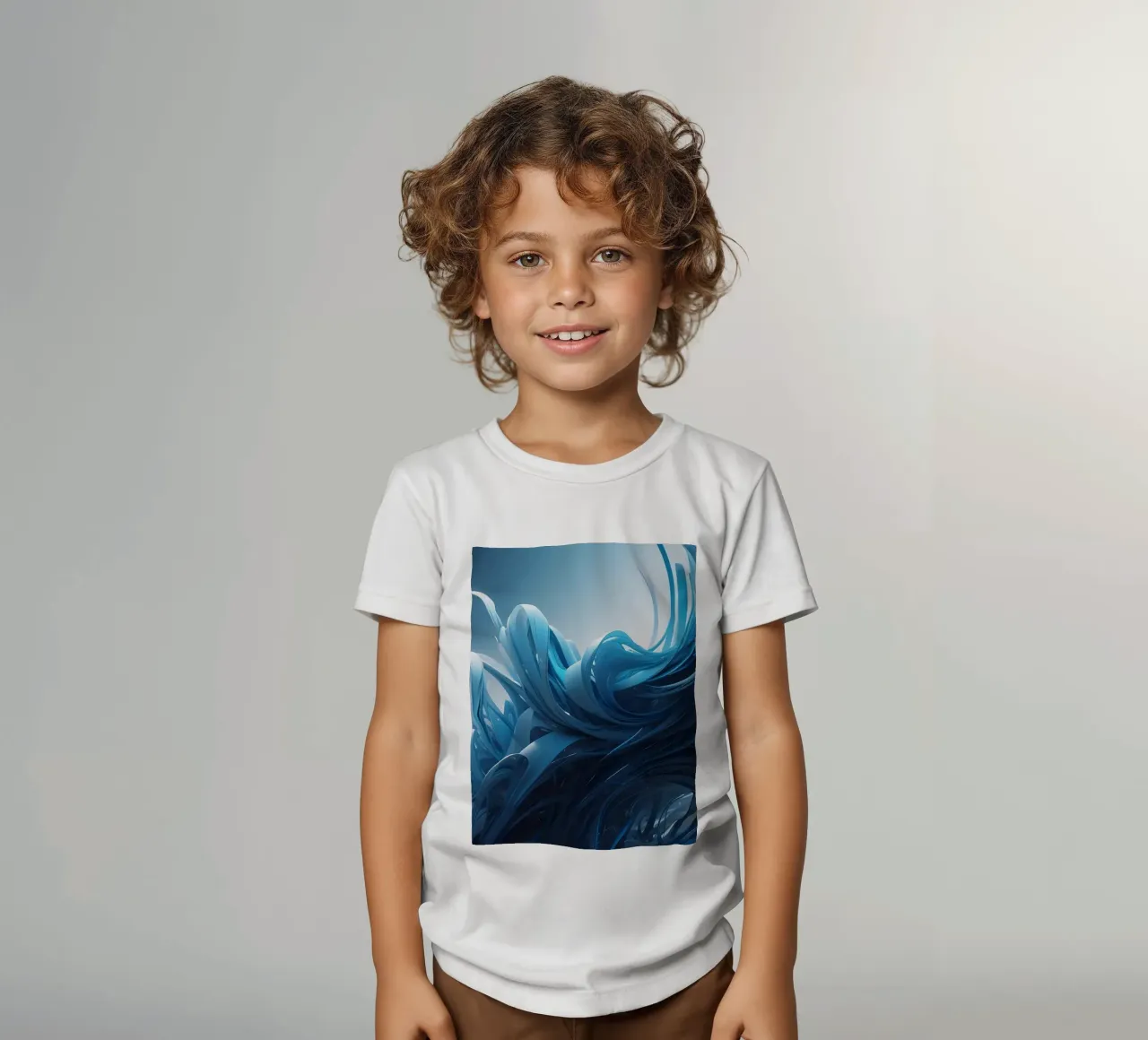 Flowing blues create an abstract wave effect in dynamic art kids t-shirt by DesignDoodle