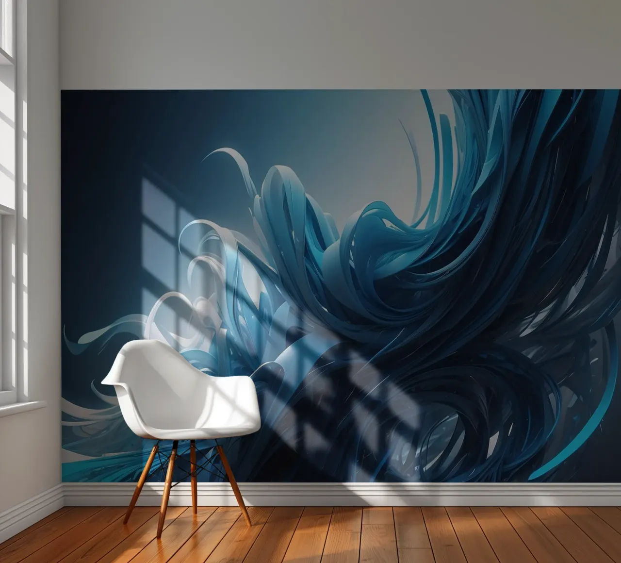 Flowing blues create an abstract wave effect in dynamic art photo wallpaper by DesignDoodle