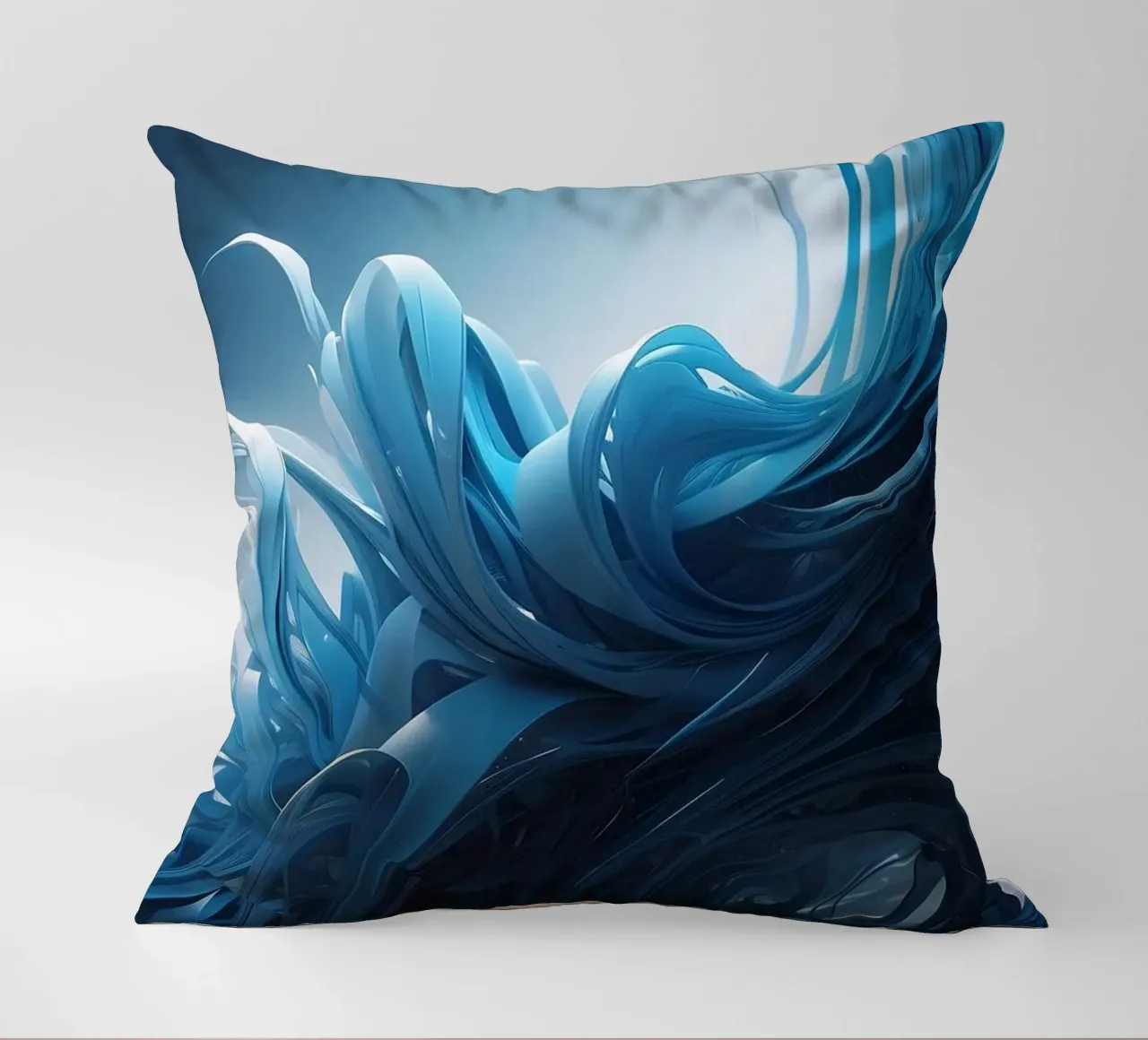 Flowing blues create an abstract wave effect in dynamic art decorative cushion by DesignDoodle