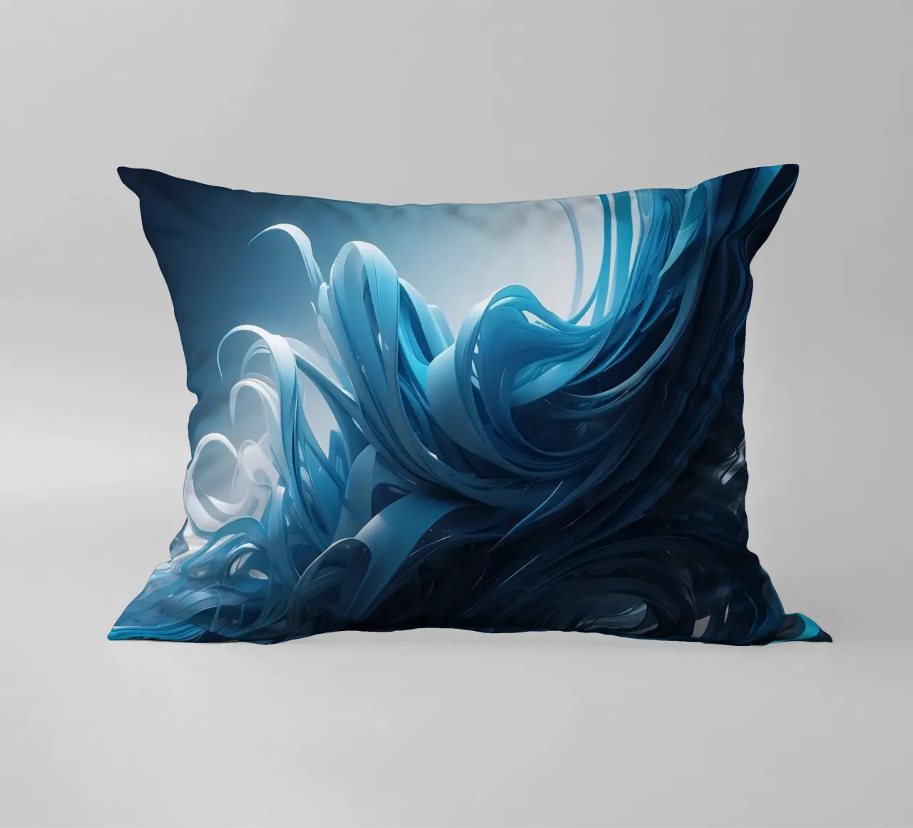 Flowing blues create an abstract wave effect in dynamic art decorative cushion by DesignDoodle