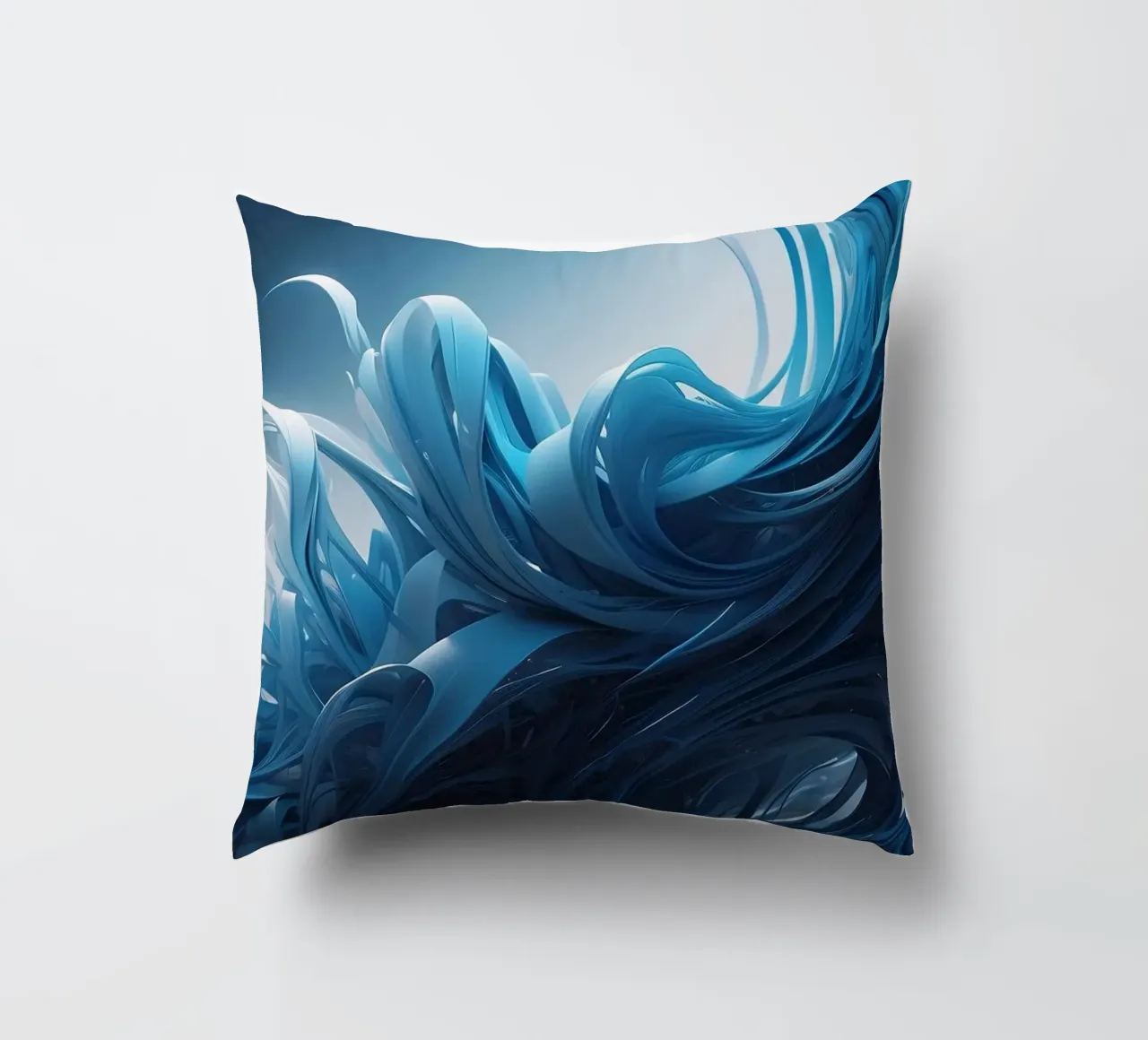 Flowing blues create an abstract wave effect in dynamic art decorative cushion by DesignDoodle