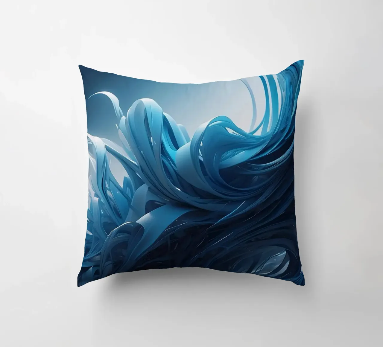 Flowing blues create an abstract wave effect in dynamic art decorative cushion by DesignDoodle