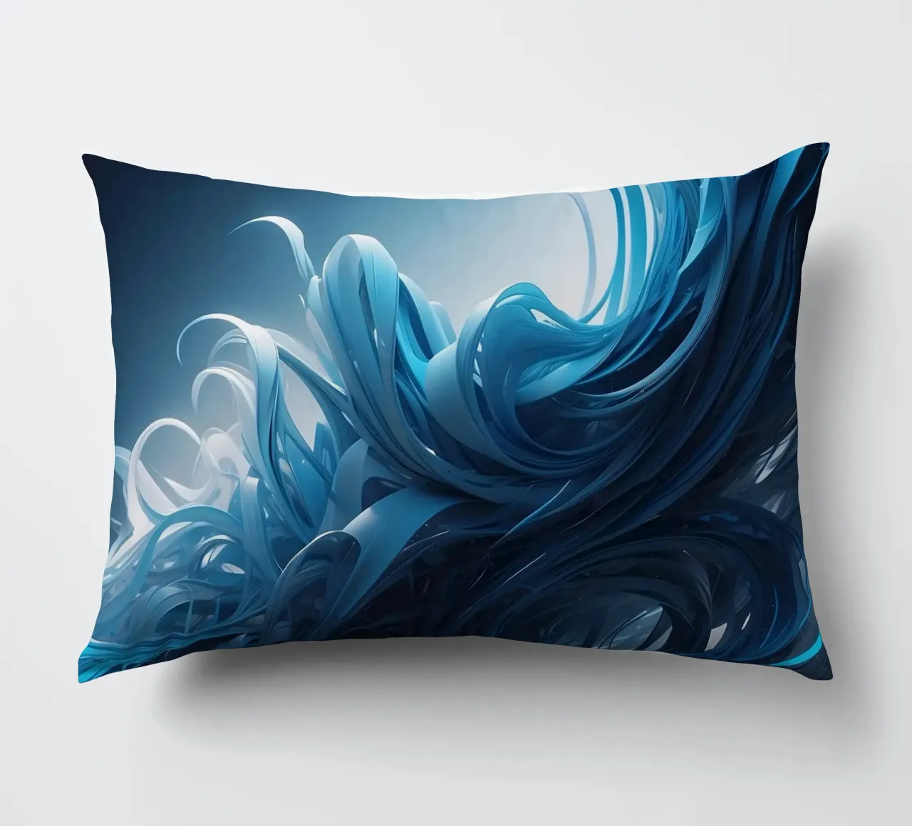 Flowing blues create an abstract wave effect in dynamic art decorative cushion by DesignDoodle