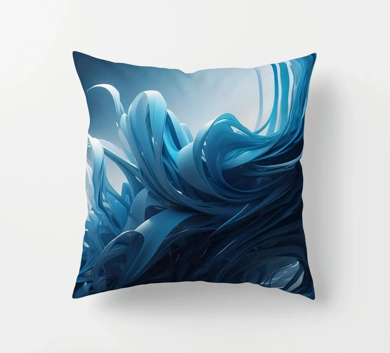 Flowing blues create an abstract wave effect in dynamic art decorative cushion by DesignDoodle