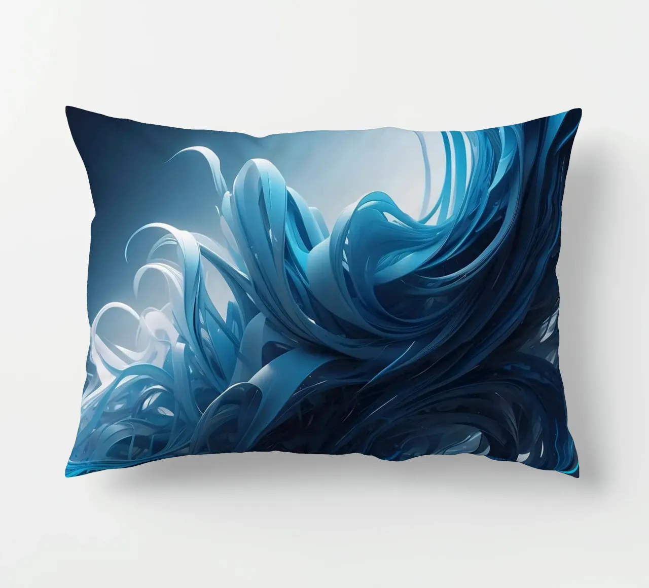 Flowing blues create an abstract wave effect in dynamic art decorative cushion by DesignDoodle