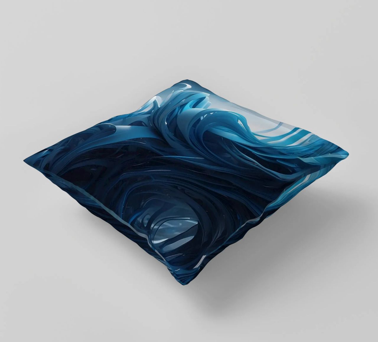 Flowing blues create an abstract wave effect in dynamic art decorative cushion by DesignDoodle