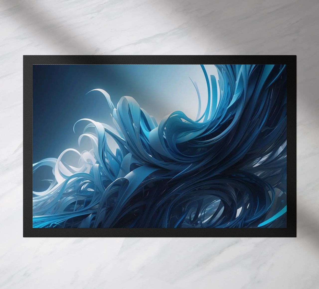 Flowing blues create an abstract wave effect in dynamic art doormat by DesignDoodle